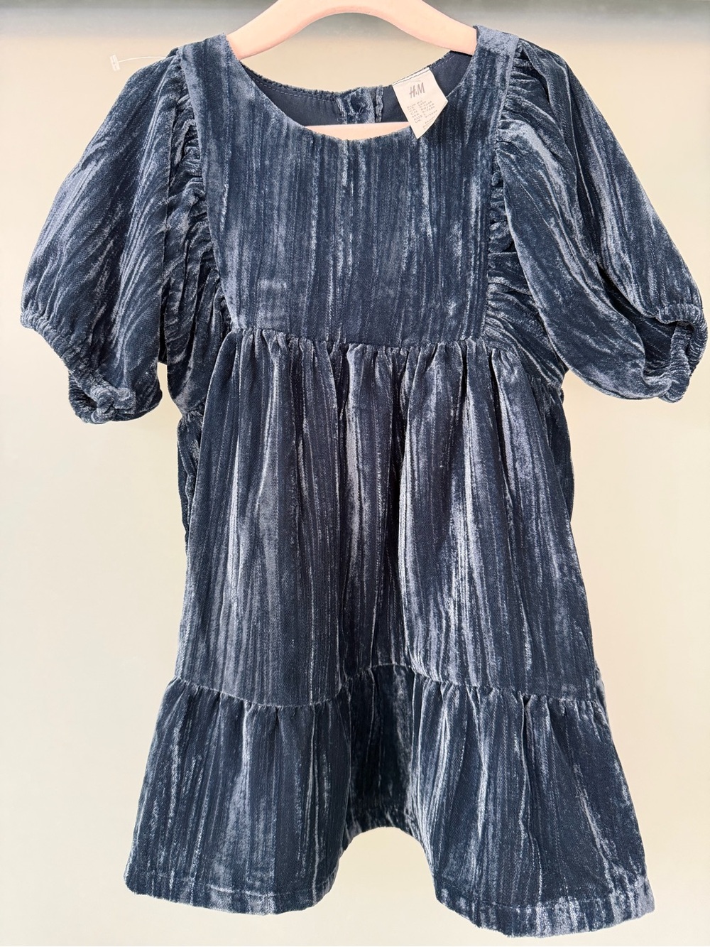 H&M Girls' Shimmery Navy Velvet Tiered Dress